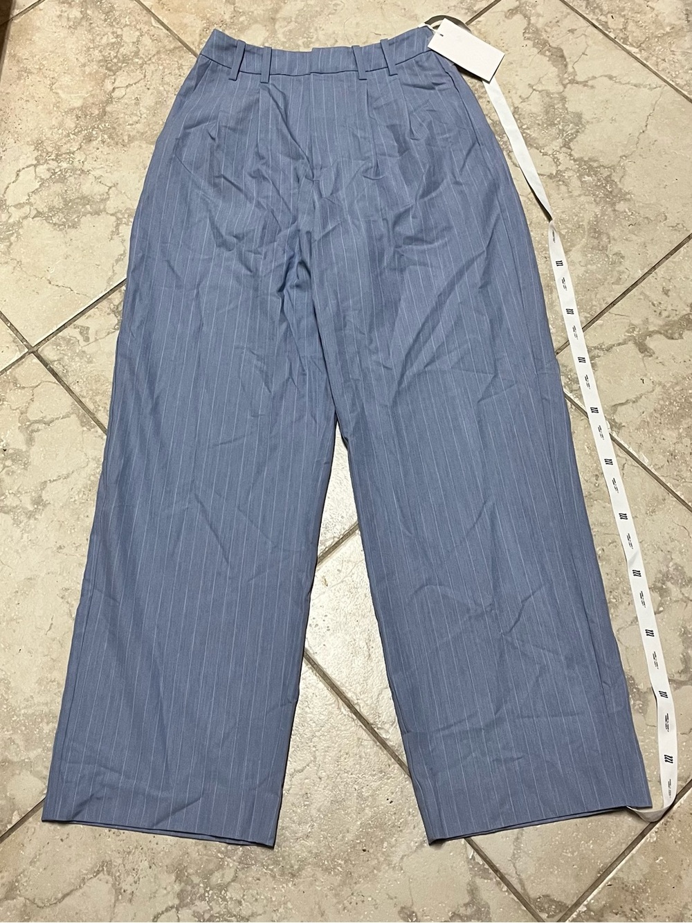 M Pinstripe Tailored Trousers In Washed Blue Size 4 Cinched Waist Women’s